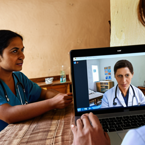 Home 14 **A village scene showing a doctor consulting with a patient via video call. The patient is in a rural home, and the doctor is on a laptop screen. Focus on the accessibility of telemedicine in remote areas.**