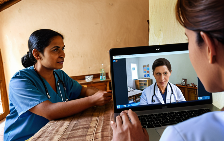 **A village scene showing a doctor consulting with a patient via video call. The patient is in a rural home, and the doctor is on a laptop screen. Focus on the accessibility of telemedicine in remote areas.**