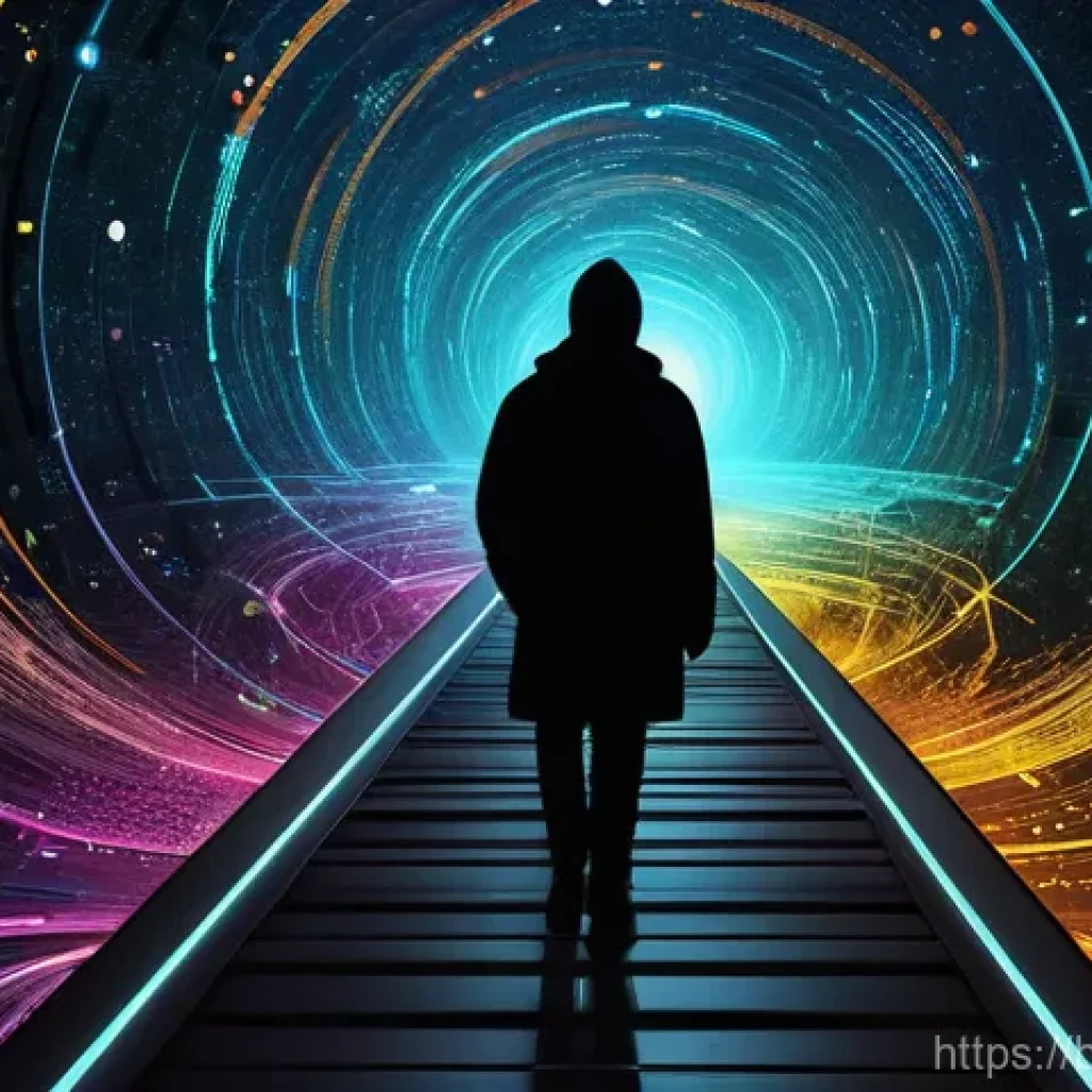 전문용어 단순화의 트렌드 분석 - **Prompt:** A young, casually dressed adult is navigating a vast, swirling galaxy of complex digital...