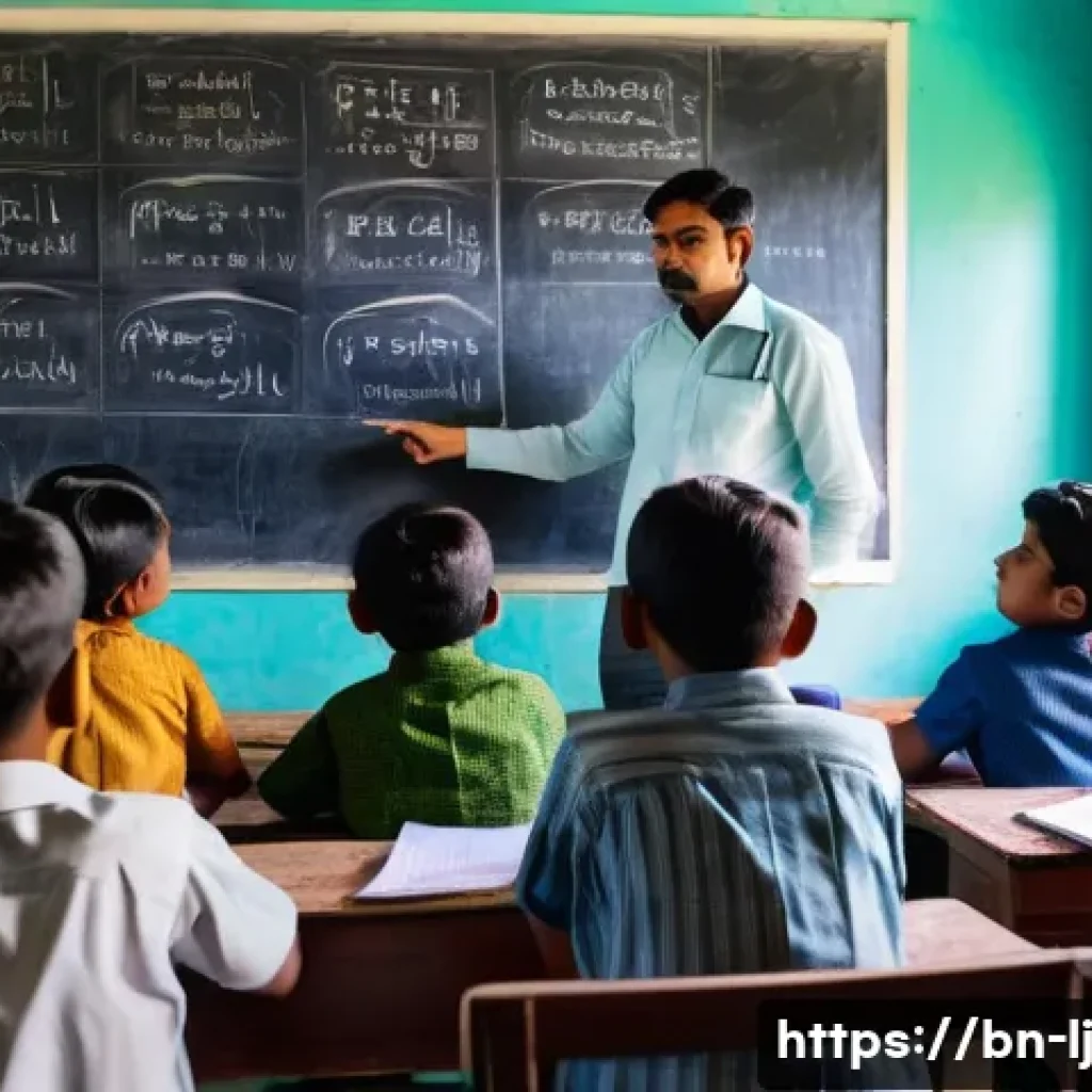 전문용어 단순화의 사회적 영향 - A vibrant classroom scene in a rural Bengali school where a diverse group of students attentively li...
