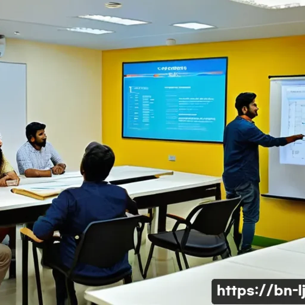 전문용어 단순화 교육 프로그램 제안 - A modern professional training workshop scene set in a bright, well-lit conference room with diverse...