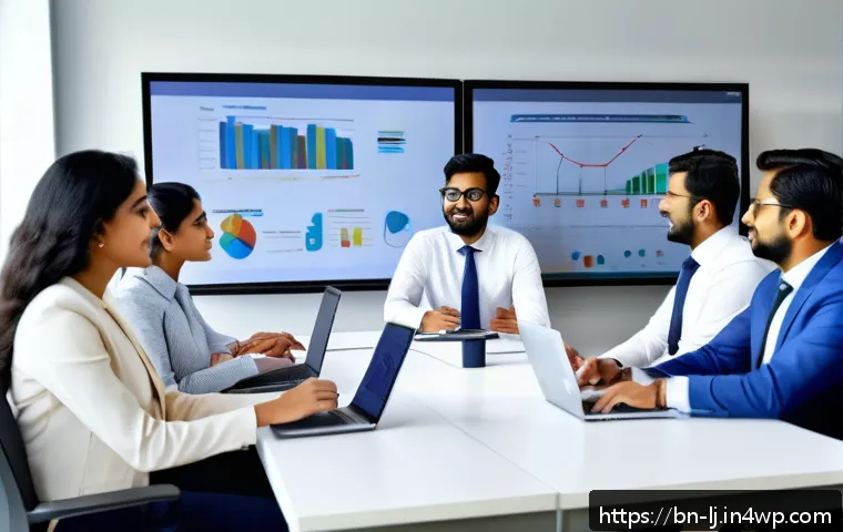전문용어 단순화의 기초 원칙 - A modern office scene featuring a diverse Bengali professional team engaged in a lively meeting, usi...