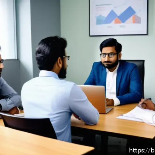 전문용어 단순화를 위한 실제 경험 공유 - A professional office meeting scene with diverse Bengali colleagues engaged in a discussion, all dre...