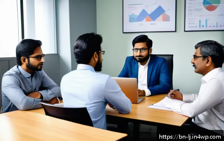전문용어 단순화를 위한 실제 경험 공유 - A professional office meeting scene with diverse Bengali colleagues engaged in a discussion, all dre...